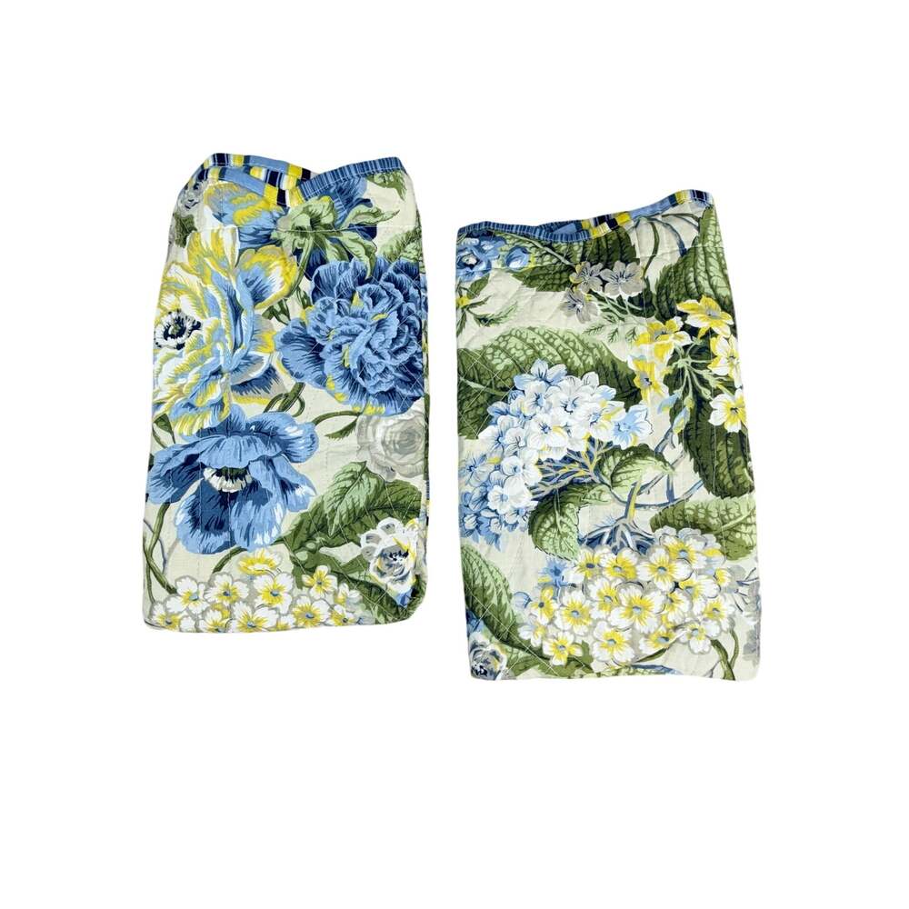 WAVERLY Standard Pillow Shams Pair Blue Yellow Hydrangea Quilted Scalloped